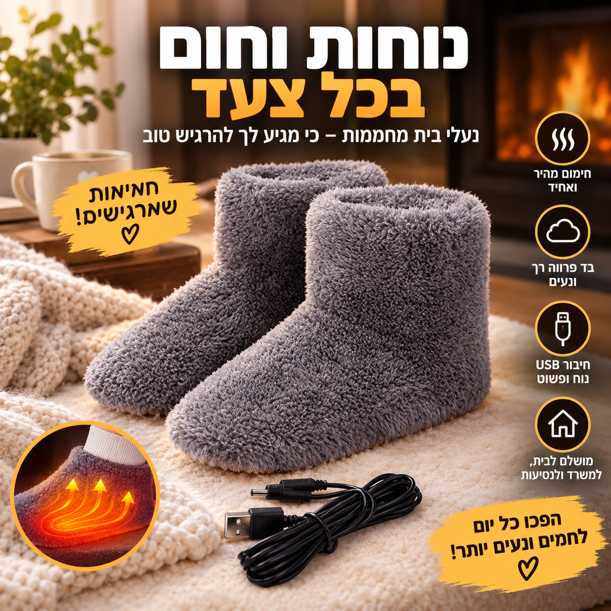 נעלי בית מחממות-אפור